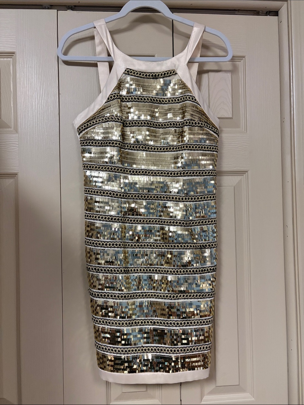 Sequin Halter Sheath Dress in Gold and White